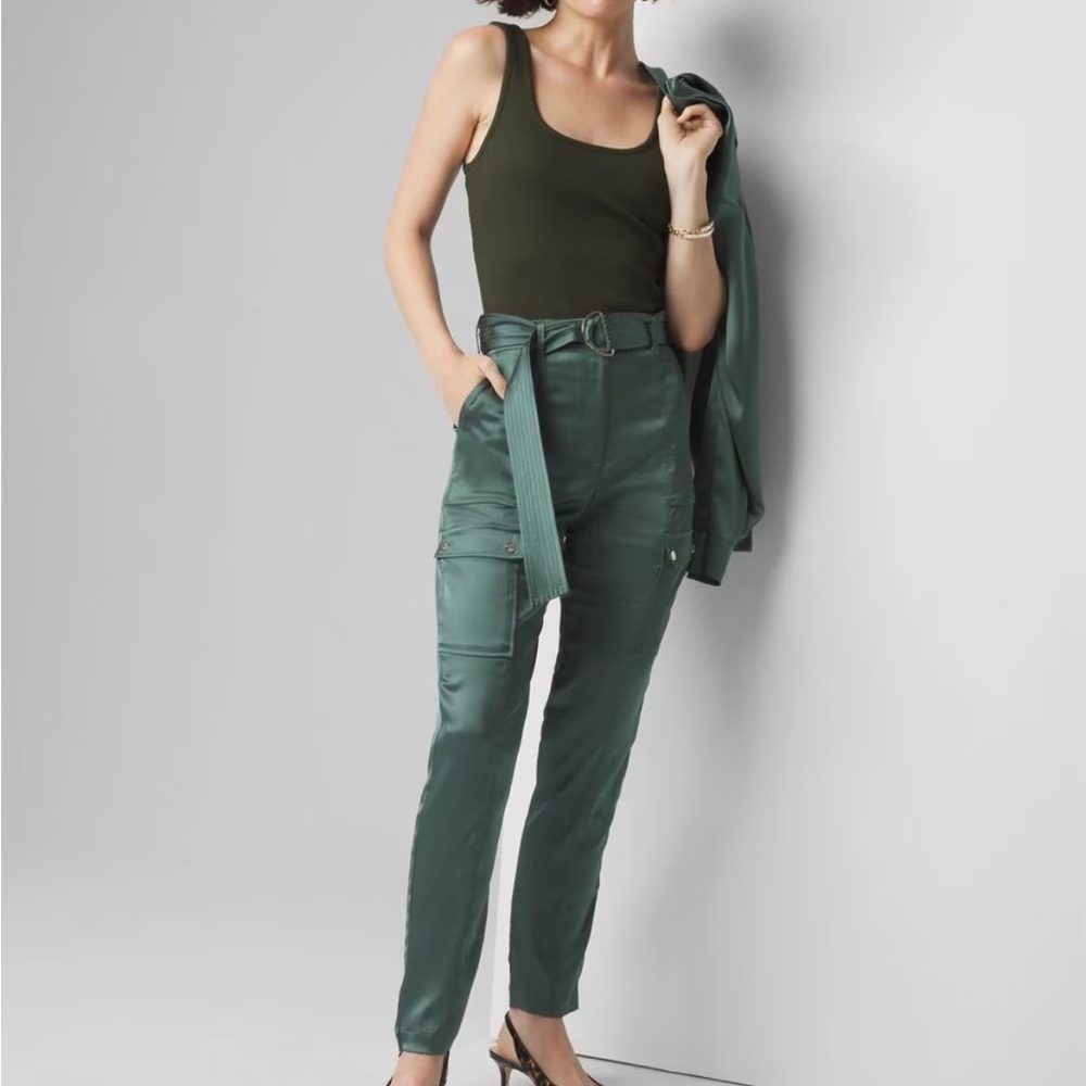 White House Black Market Satin like Belted Utility Pants Green Size 12 NWT